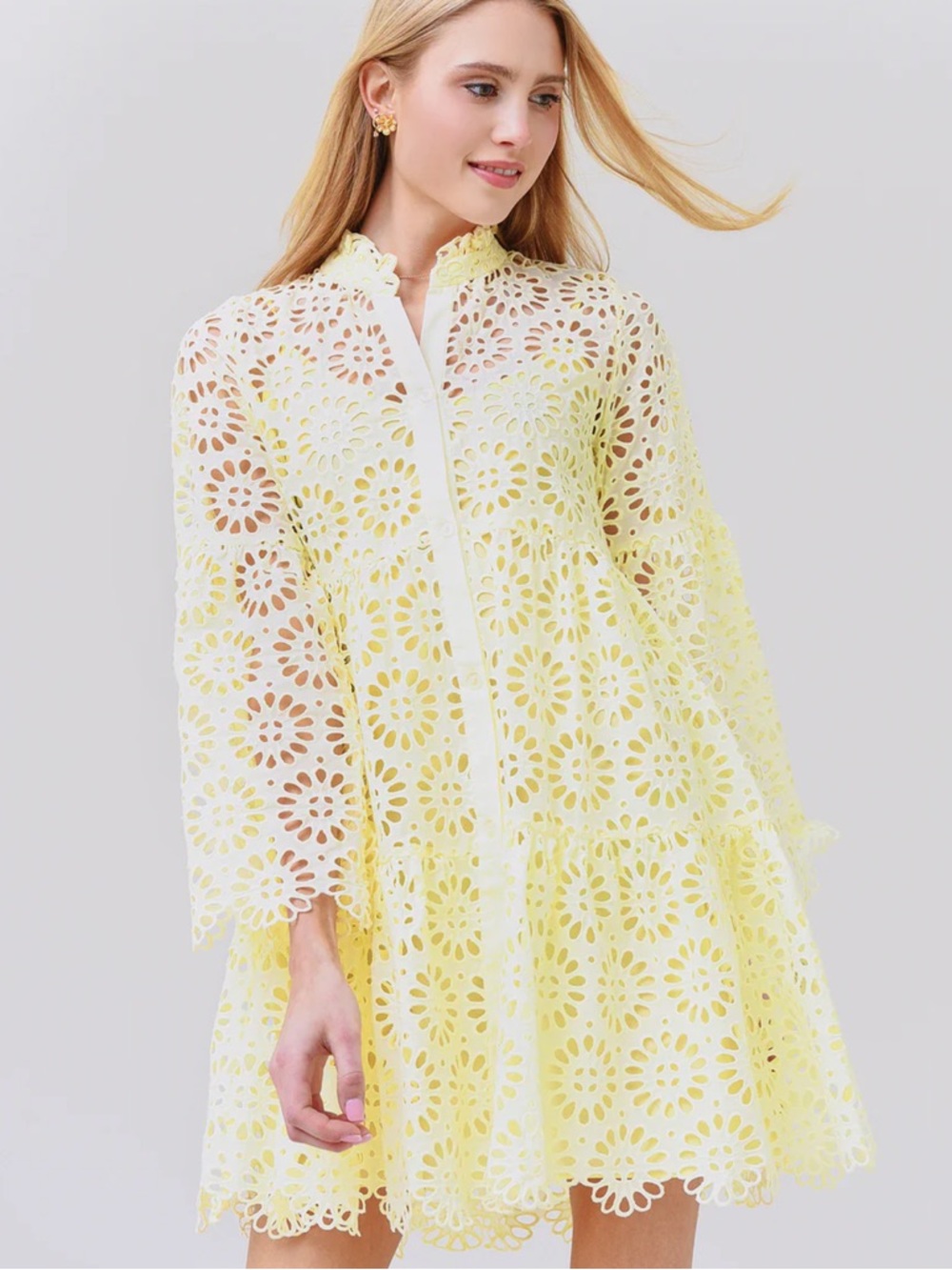 Charina Sarte Dandelion Eyelet Lace Yellow Mini Dress Small $347